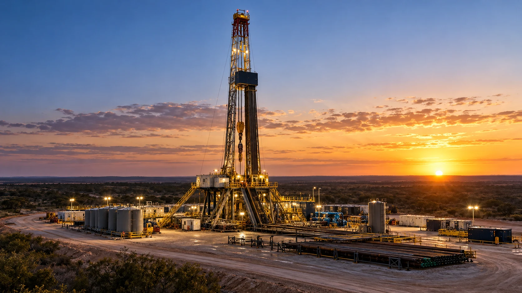 Entire land drilling rig and associated pad equipment at dawn; AI-generated illustration