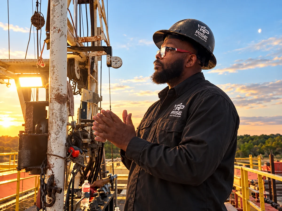 Tracy Hairston fully framed from his hardhat through his work shirt beside drilling equipment; AI-enhanced photograph