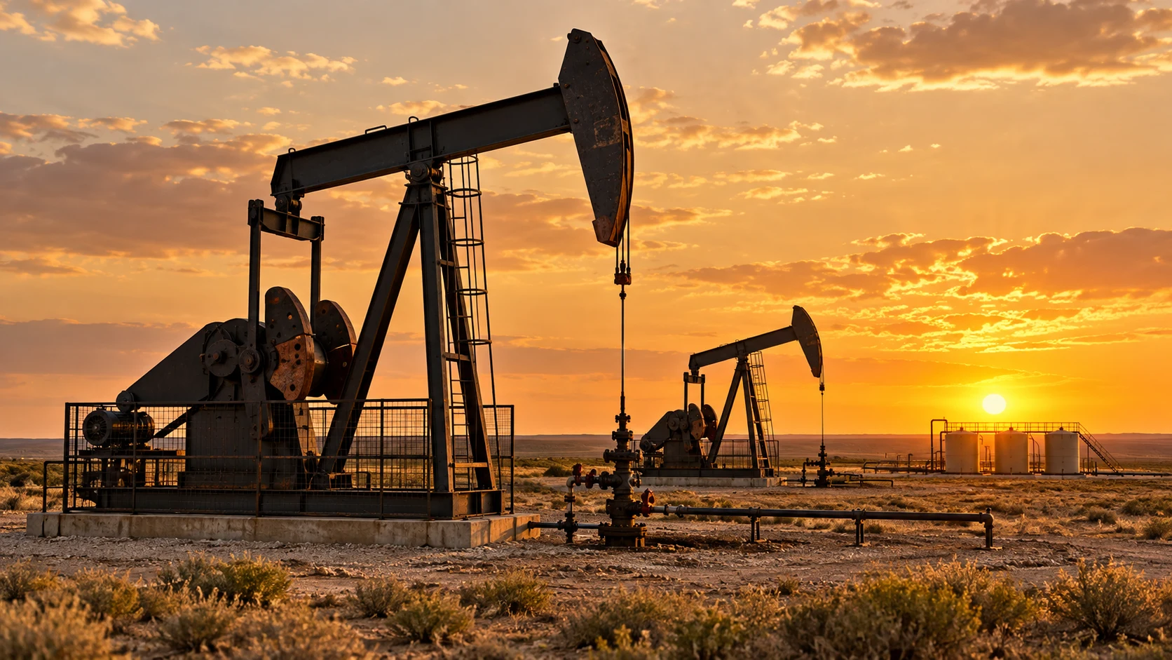 Complete beam pump jacks and surface production equipment in a Texas landscape; AI-generated illustration
