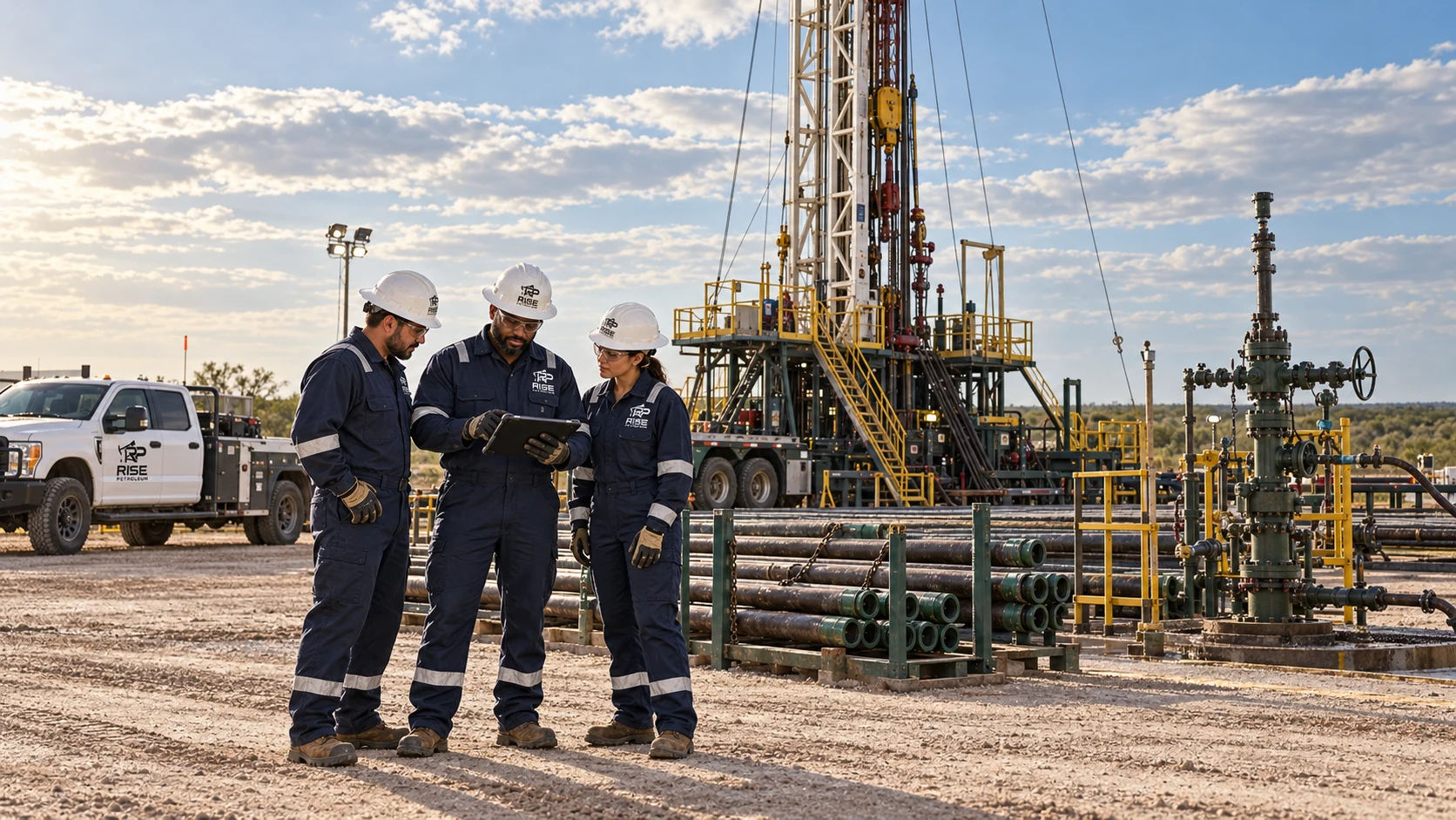 AI-generated technical illustration of Rise Petroleum personnel fully framed beside a workover rig