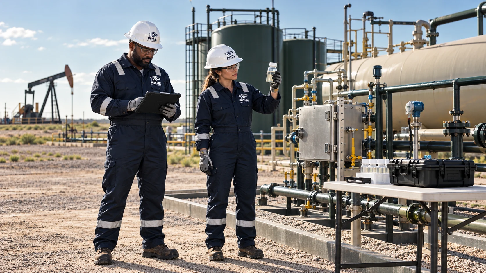 AI-generated illustration of Rise Petroleum technical personnel evaluating a sealed produced-water sample