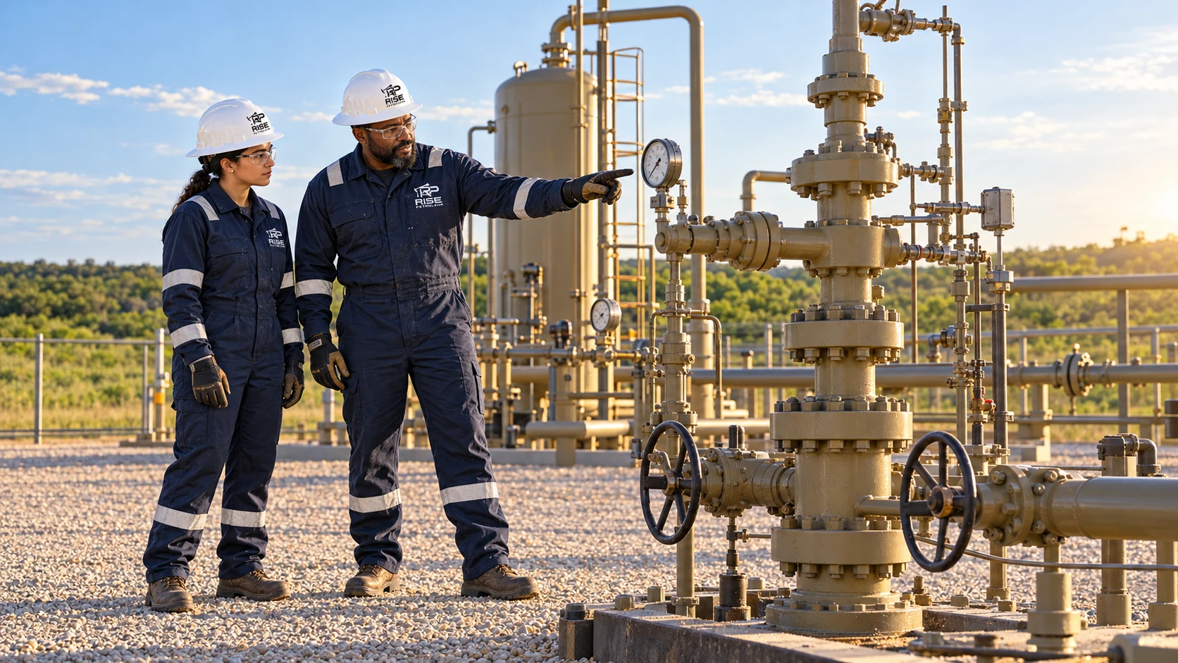 Fully framed Rise Petroleum personnel inspecting wellhead pressure gauges; AI-generated illustration